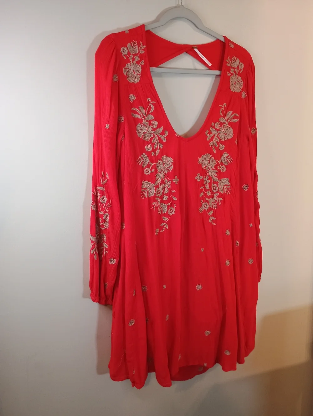 Free People Embroidered Red V-Neck Womens Dress Size L